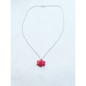 Athra Trading 925 Silver VTG Hand Carved Natural Coral Rose Flower Necklace